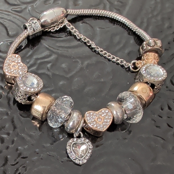 Jewelry - Heart Charm Crystal Bead Bracelet - Two-Tone Silver & Rose Gold